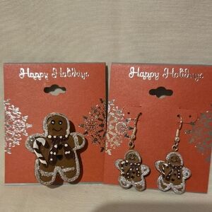 Kohl's Christmas Holiday Gingerbread Fish Hook Earrings And Brooch Pin Set
